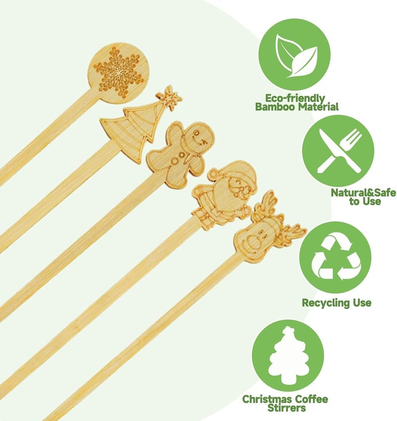 BOKFJBP 50PCS Bamboo Coffee Stirrers, 7inch Christmas Biodegradable Disposable Stir Sticks Coffee Drink Cocktail Stirrers for Christmas Winter Office Home Coffee Milk Hot Chocolate Bar Supplies - Image 4